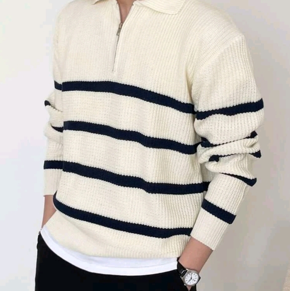 Men Striped Pattern Polo Neck Fall Sweater Without Tee - Picture 6 of 7